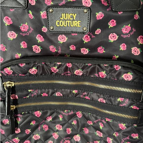 Juicy Couture Black Rose Print Duffel Bag Crossbody Book Bag Tote Bag Carry-On - Picture 2 of 8